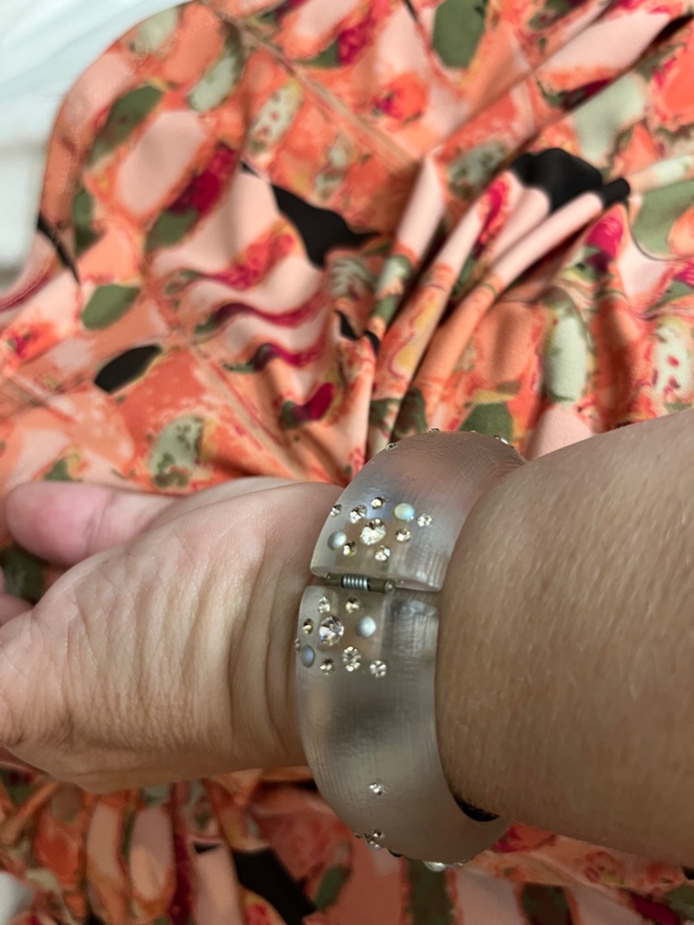 Alexis Bittar Frosted Clear Resin Bangle with Crystal and Pearl Cluster - Picture 9 of 9
